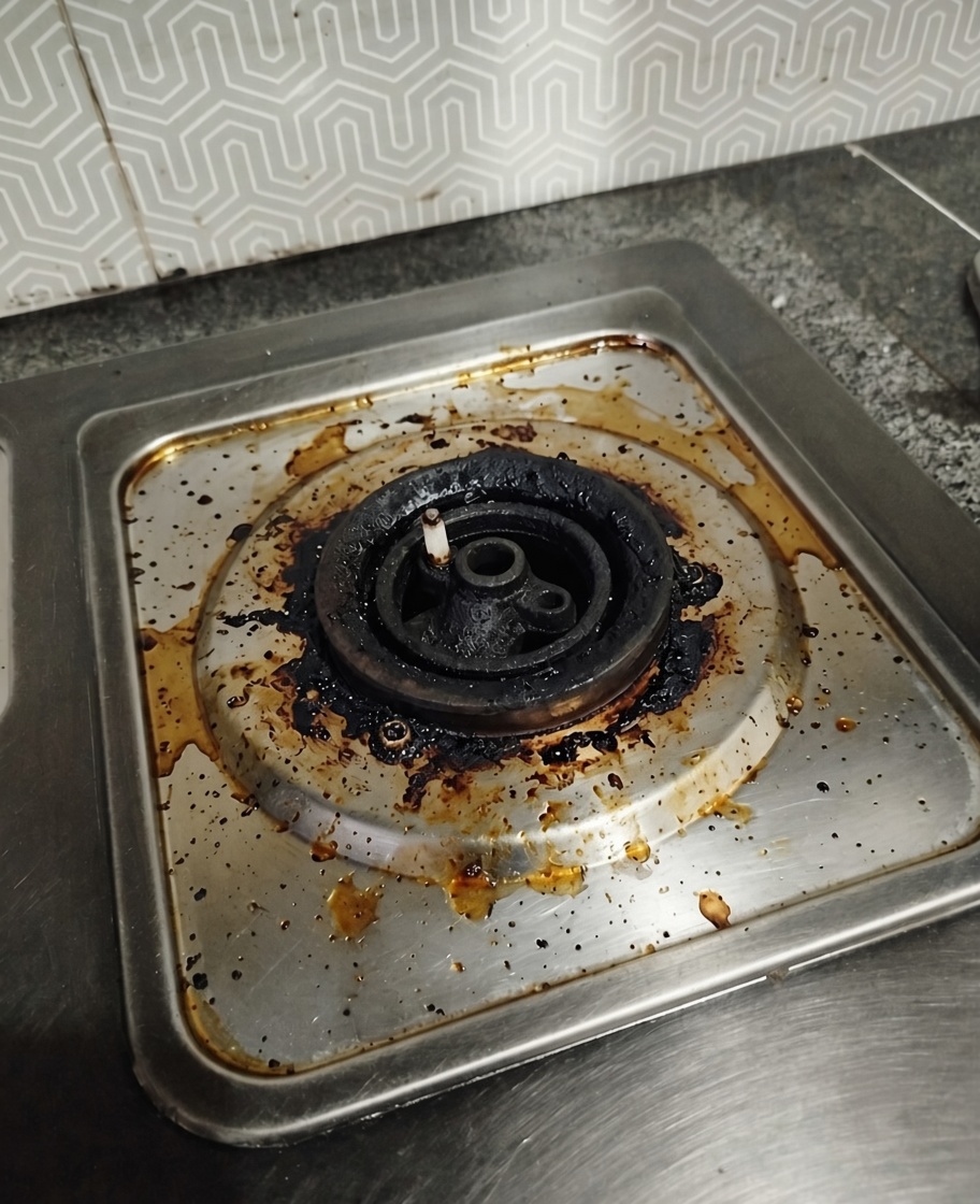 Kitchen stovetop and tiles before cleaning with MOPP kitchen degreaser — burnt grease and grime layers